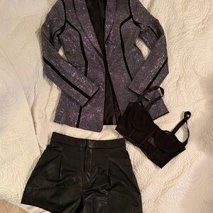 Lamarque Black w/ Silver Embellished Blazer bundle w/ Blk Top and leather short
